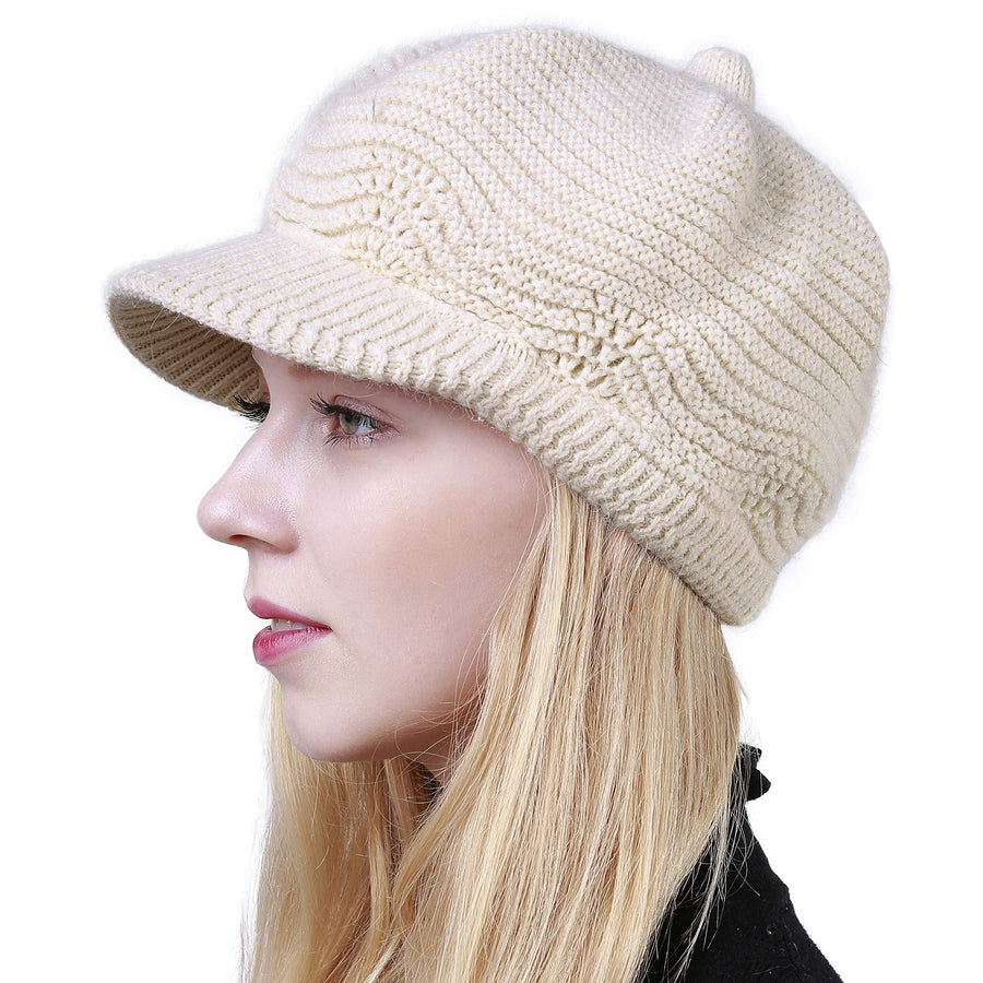 Women's Winter Hat Slouchy Cable Knit Visor Beanie Crochet Newsboy Beret Hats Warm Snow Ski Skull Cap with Brim Beige