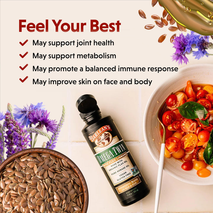 Barlean&#39;s Omega Twin Liquid Flaxseed Oil and Pure Borage Oil Supplement with Lignans, 6,010mg ALA and 465mg GLA Omega Fatty Acids from Organic Flax Seed and Cold Pressed Borage Seeds, 12 oz