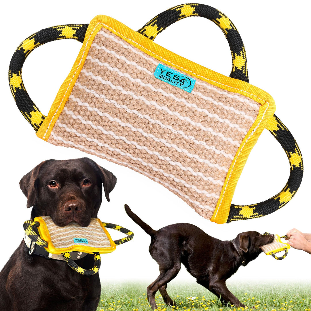Durable Dog Bite Pillow 10 x 7 Inches - Safe Biting Pad with 3 Comfortable &amp; Strong Handles - Tough Jute Tug Toy for Medium to Large Dogs - Ideal for Tug of War, K9, IPO, Schutzhund &amp; Puppy Training