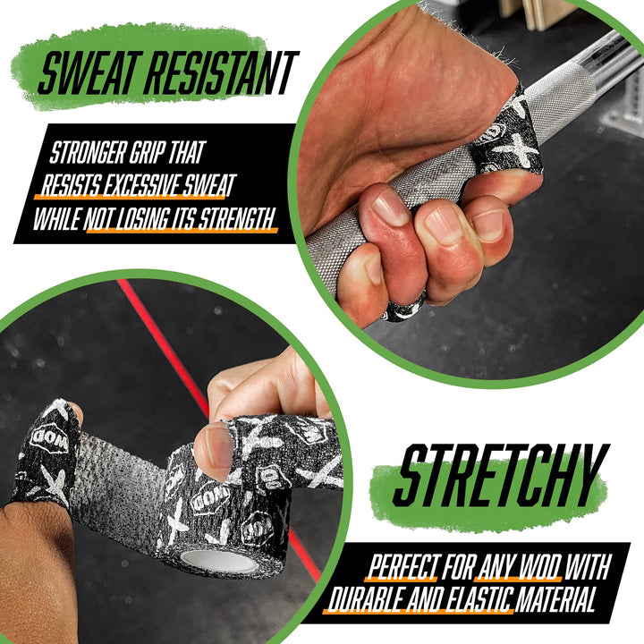 WOD Recovery Hook Grip Weightlifting Tape - Sweatproof &amp; Chalk-Resistant, Adhesive Wrap for Thumb, Fingers, &amp; Hands - Black/White, 1.5 Inches x 16 Feet