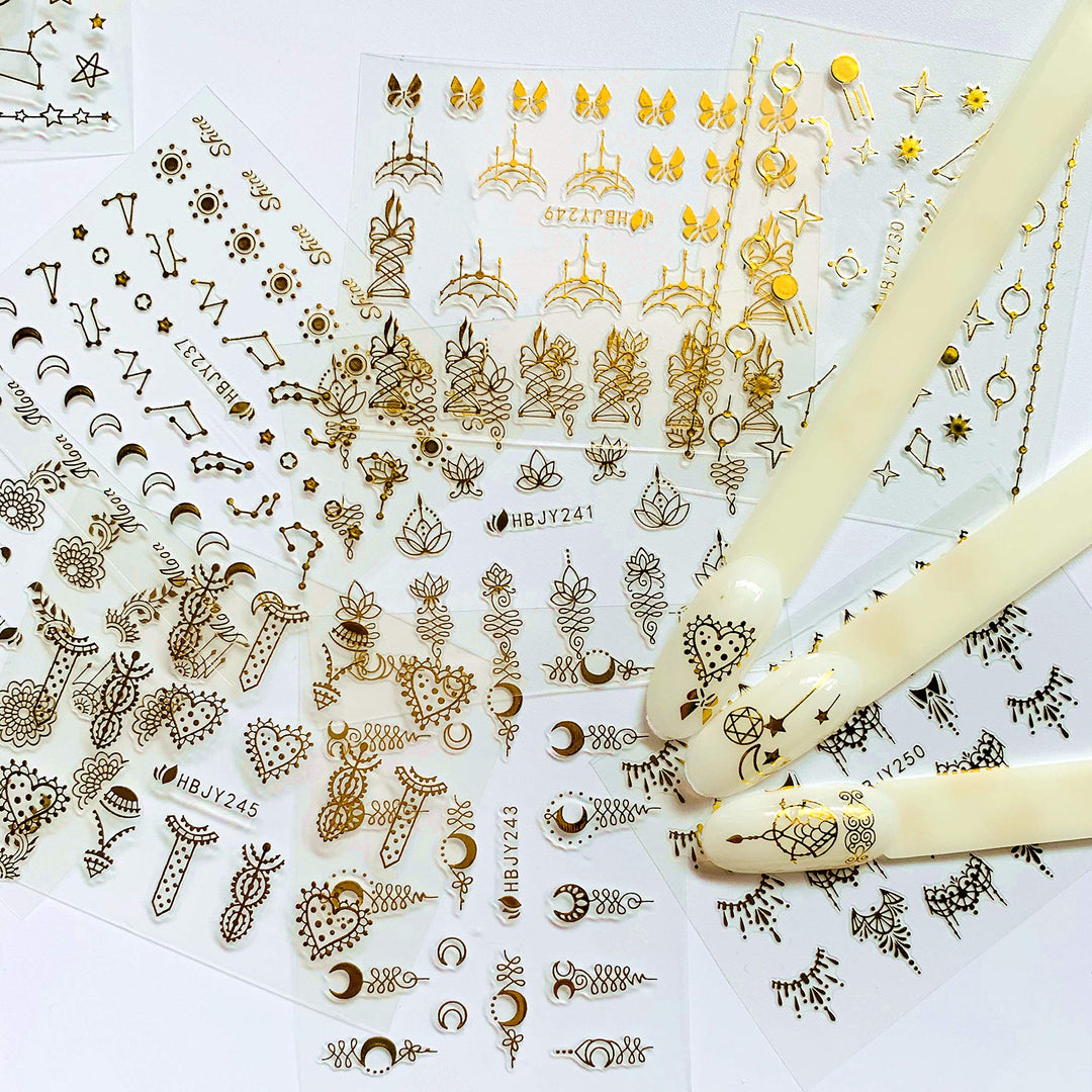 24 Sheets Nail Art Adhesive Gold Color Sticker Sheets Moon Star Universal Flower Shapes Sticker Sheets Nail Art Deco 10057