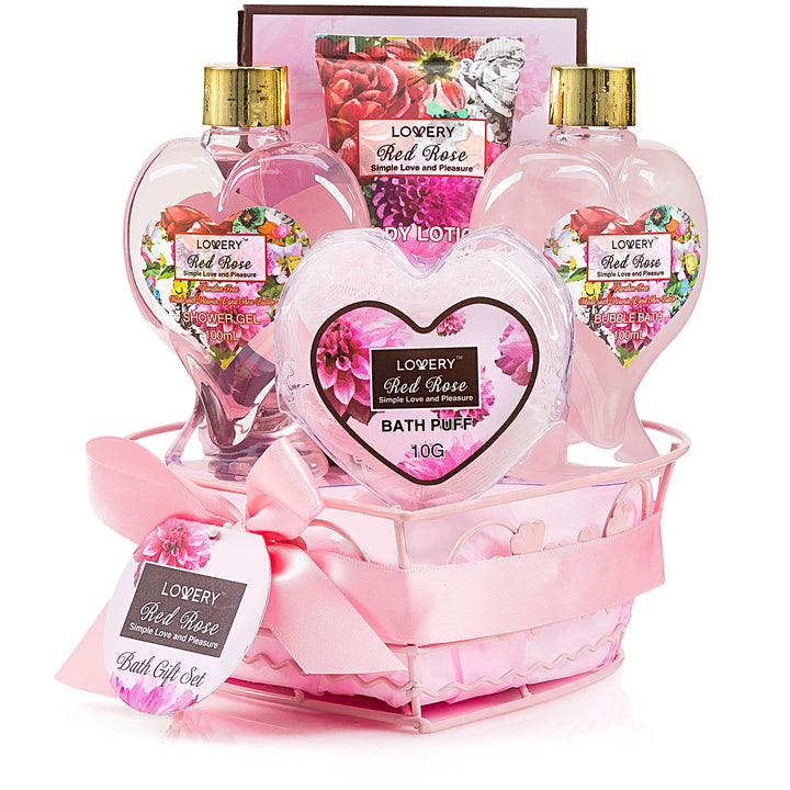 Christmas Gifts From Daughter &amp; Son - Home Spa Gift Basket for Women - Red Rose Scent - Luxury Bath &amp; Body Set with Shower Gel, Bubble Bath, Body Lotion, Bath Salt, Shower Puff and Wired Heart Basket