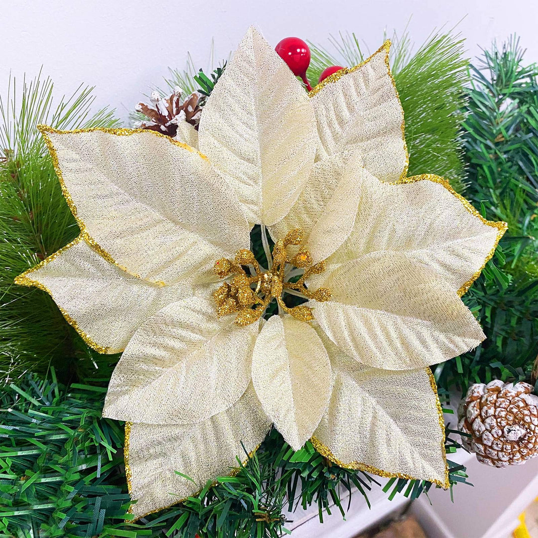 24 Pack 5.5 Inch Christmas Glitter Poinsettia Artificial Silk Flowers Picks Christmas Tree Ornaments for Gold Christmas Tree Wreaths Garland Holiday Decoration (Gold)
