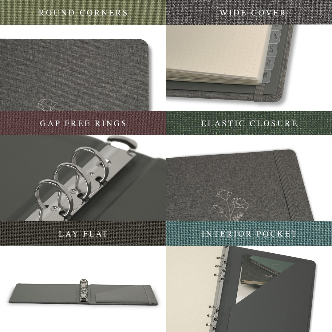 Jumping Fox Design Linen Fabric 6 Ring A5 Binder, 0.75 Inch Small Binder, for 6 Hole Punch A5 Refill Paper and Planner Inserts (6 Round Ring, 0.75, Forest Green)