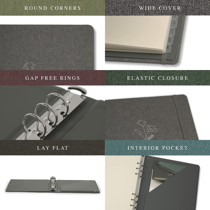 Jumping Fox Design Linen Fabric 6 Ring A5 Binder, 0.75 Inch Small Binder, for 6 Hole Punch A5 Refill Paper and Planner Inserts (6 Round Ring, 0.75, Forest Green)