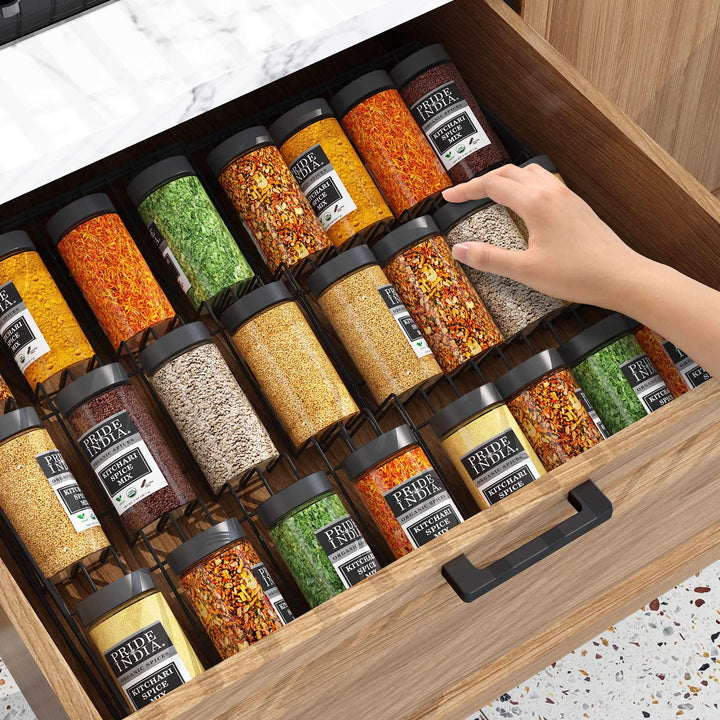 Expandable Spice Drawer Organizer Insert, Kitchen Spice Organizer Drawer, 3-Tier Spice Rack Organizer with Protection Railing (7.87 to 15.74 w) (Black)