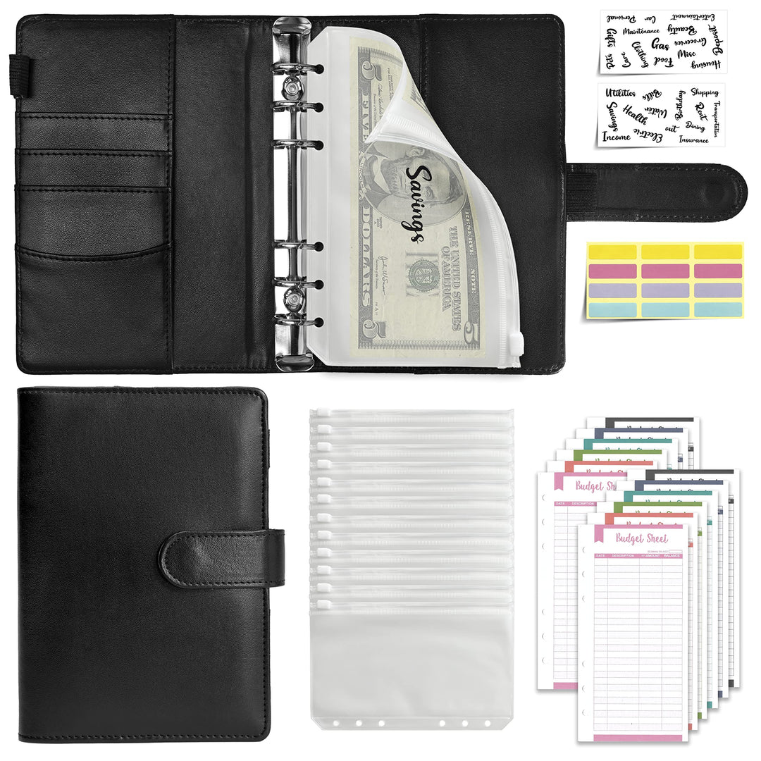 A6 Budget Binder, PU Leather Notebook Budget Binder with Zipper Envelopes, Money Binder with Expense Budget Sheets and Cash Envelopes for Budgeting for Financial Planning(Black)