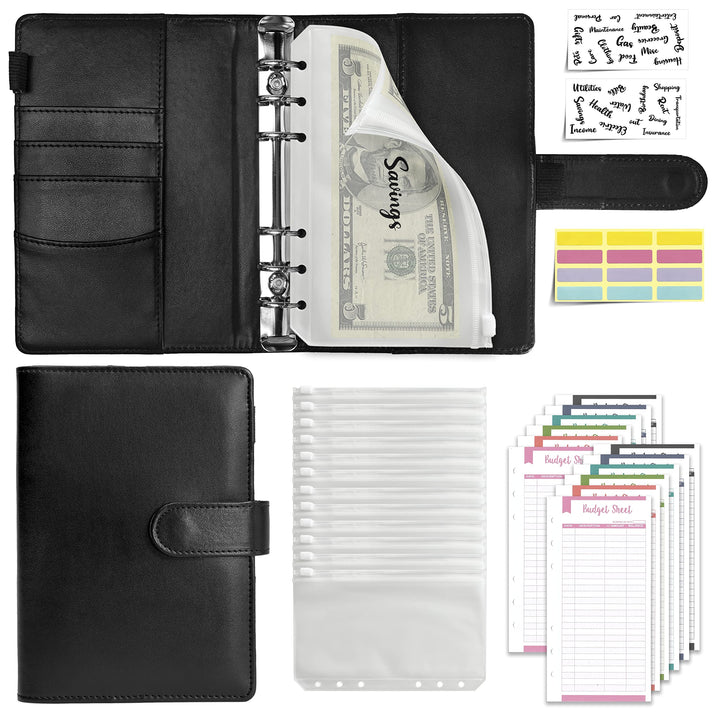 A6 Budget Binder, PU Leather Notebook Budget Binder with Zipper Envelopes, Money Binder with Expense Budget Sheets and Cash Envelopes for Budgeting for Financial Planning(Black)