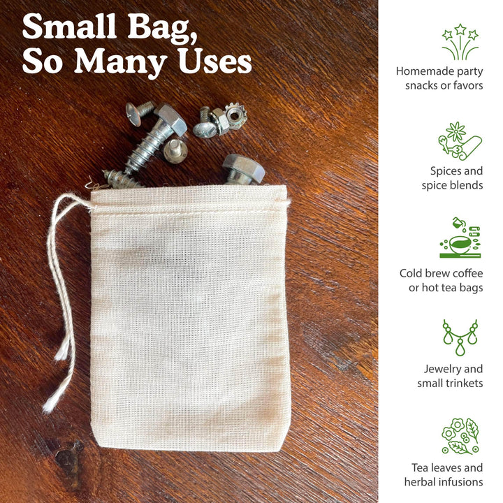 100% Cotton All-Natural Drawstring Bag, Pouches for Enclosing Bulk Spices, Tea, Potpourri, Jewelry, Crafting, Wedding Favors, 3 x 4, Pack of 4