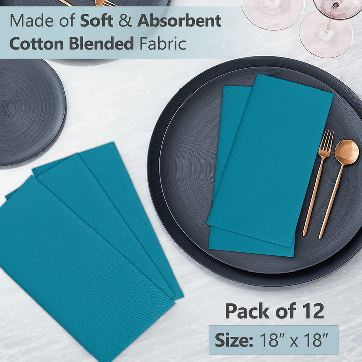 Ruvanti Cloth Napkins Set of 12, 18x18 Inches Napkins Cloth Washable, Soft, Durable, Absorbent, Cotton Blend. Table Dinner Napkins Cloth for Hotel, Lunch, Restaurant, Weddings, Events, Parties - Teal