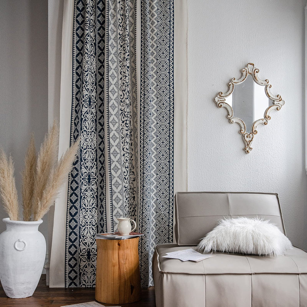 Vintage Damask Semi-Blackout Window Curtains 2 Panels Bohemian Style Cotton Linen Darkening Curtains Rod Pocket Window Drapes for Living Room Bedroom (52 W x 84 L, Blue)