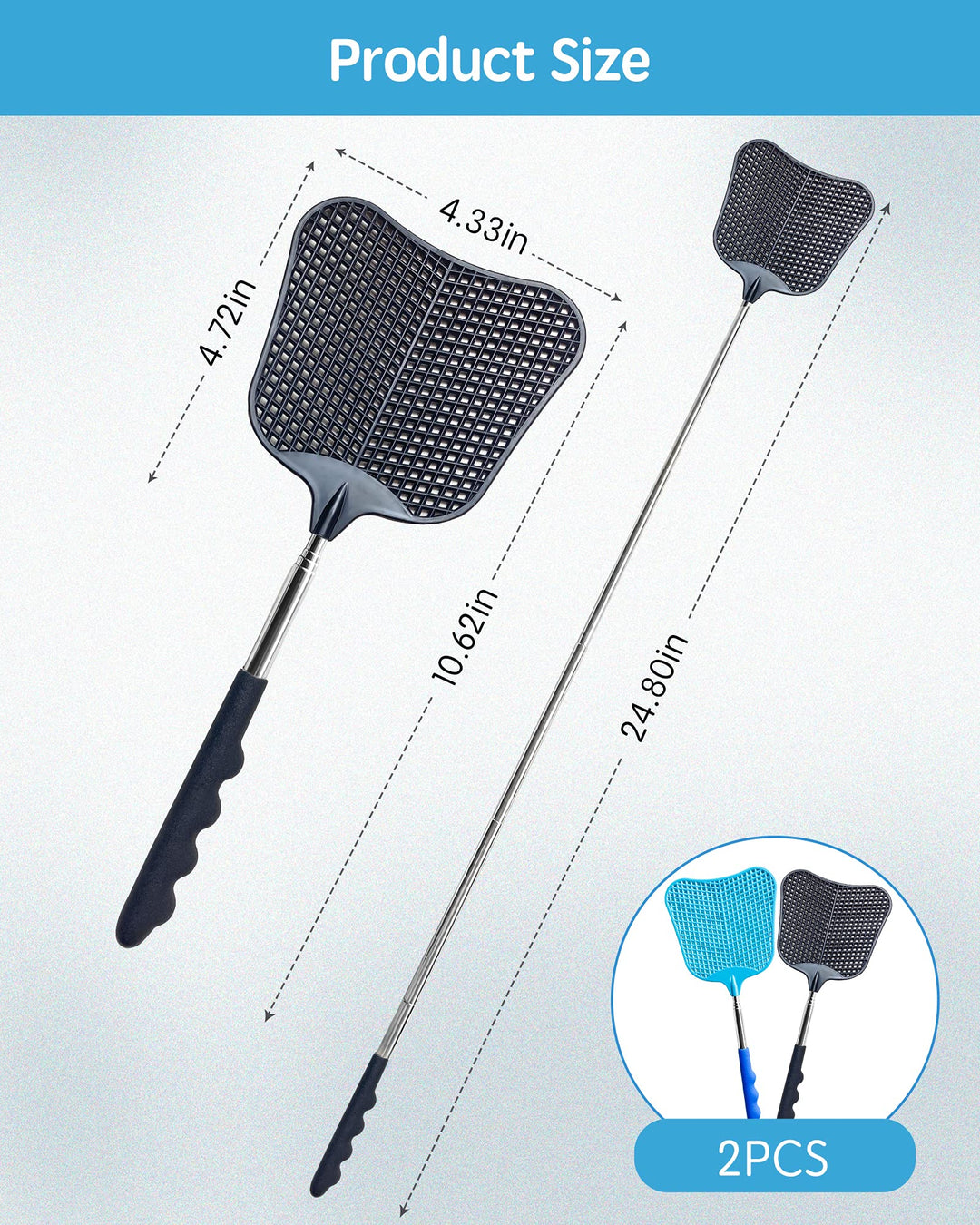 Fly Swatter Heavy Duty Set, with Durable Telescopic Stainless Steel Extendable Handles, for Home, Classroom and Office, 2Pcs, 2 Colors