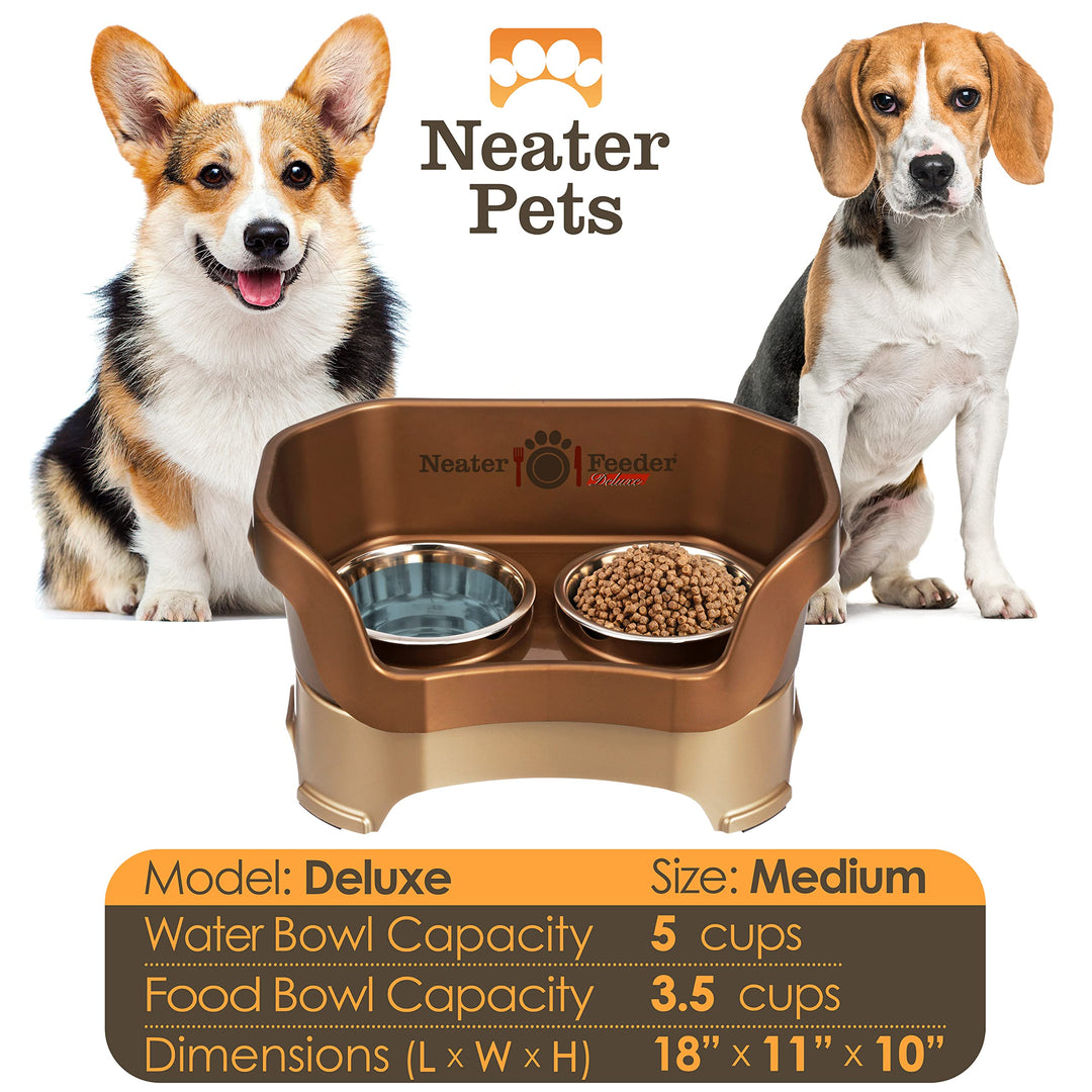 Neater Feeder Deluxe Mess Proof Dog Bowls Elevated Medium Sized Dog Breed – Made in USA – No Spill Raised Dog Food Bowl Stand – Stainless Steel Food and Water Bowl Set, Pet Feeding Station, Bronze