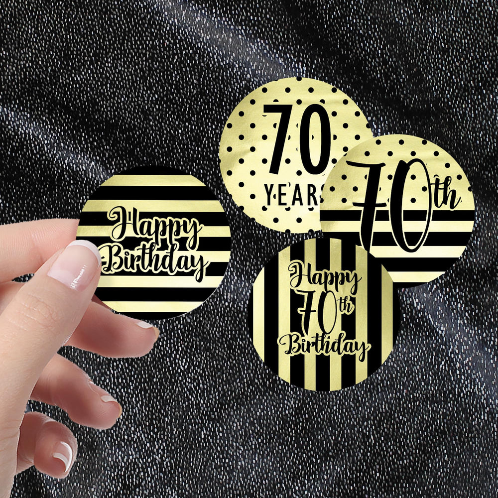 Black and Gold 70th Birthday Favor Stickers, 1.75 in - Shiny Foil - 40 Labels