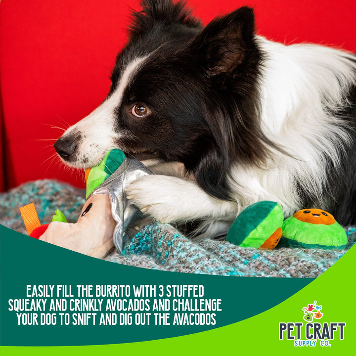 Hide and Seek Plush Dog Toys Crinkle Squeaky Interactive Burrow Activity Puzzle Chew Fetch Treat Hiding Brain Stimulating Cute Funny Toy Bundle Pack - Burrito, for Medium Breeds