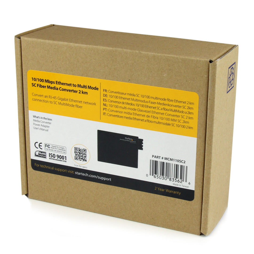 Multimode (MM) SC Fiber Media Converter for 10/100Mbps Network - Ethernet to SC MM Fiber Media Converter - 2 km / 1.2 m, TAA (MCM110SC2)