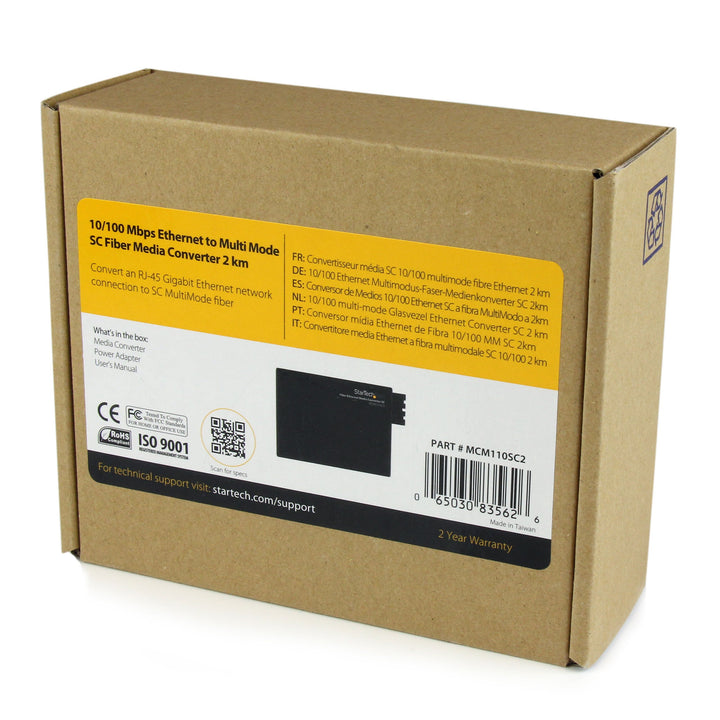 Multimode (MM) SC Fiber Media Converter for 10/100Mbps Network - Ethernet to SC MM Fiber Media Converter - 2 km / 1.2 m, TAA (MCM110SC2)