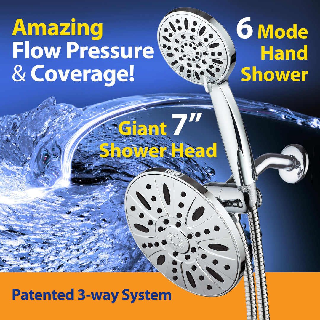 7 Premium High Pressure 3-Way Rainfall Combo Combines The Best of Both Worlds-Enjoy Luxurious Rain Showerhead and 6-Setting Hand Held Shower Separately or Together, Chrome