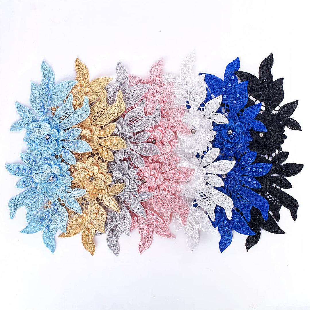 KEJUEEB 1 Pair 3D Lace Applique, Sew on Flower Bead Patches Embroidery Floral Motif Beaded Lace Trim Fabric Pearl Appliques for Sewing Wedding Bride Dress Veil Clothes Decoration (White), KJ-16