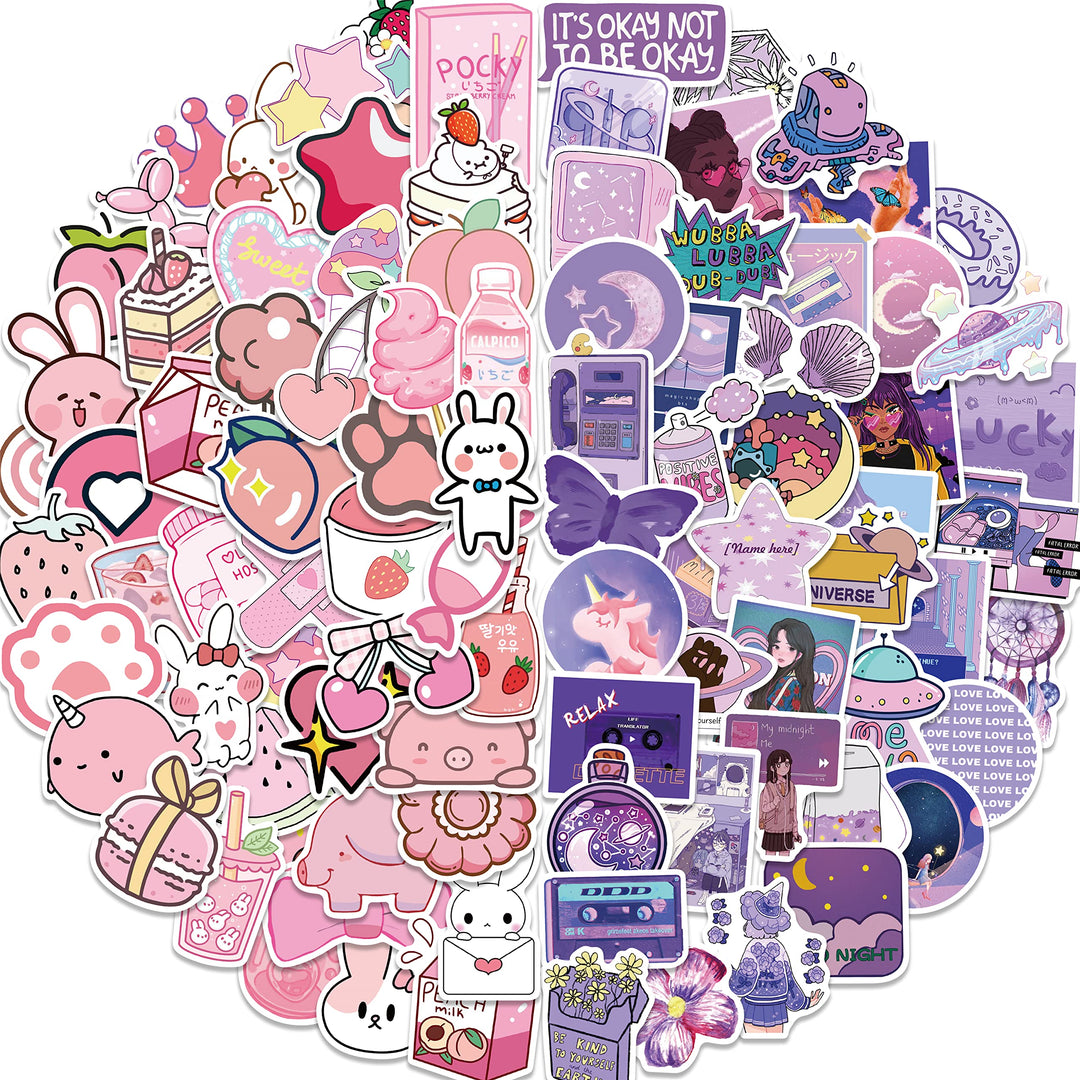 Kawaii Stickers for Water Bottles - 100Pcs Cute Vsco Aesthetic Stickers Purple Stickers Laptop Stickers for Kids Teens Girls (Pink&amp;Purple)