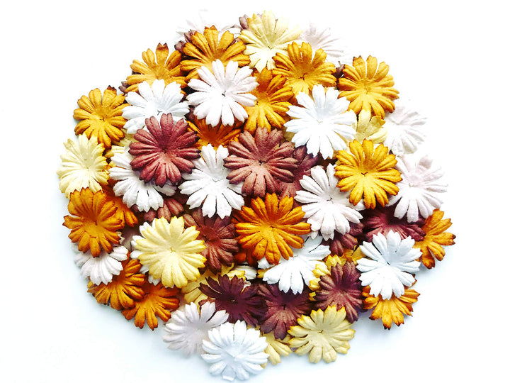 Tyga_Thai TH 50 pcs. Daisy Paper Flowers 25 mm. Mixed Tone Brown Petal Flower die cuts Mulberry Paper Flower Craft Handmade Wedding Scrapbook for so Many Card Craft Projects Brown, White Small