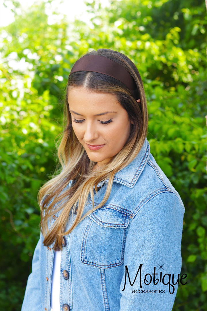 Brown 2 Inch Wide Satin Hard Headband with No Teeth Head band for Women and Girls ()