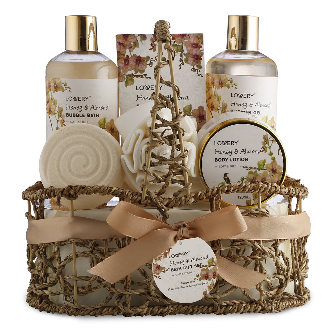 Womens Gifts for Christmas Gift Baskets for Women Who Have Everything, Home Spa Honey &amp; Almond Scent - Luxury Bath &amp; Body Set With Shower Gel, Bubble Bath, Body Lotion, Bath Salt, Bath Bomb, Bath Puff