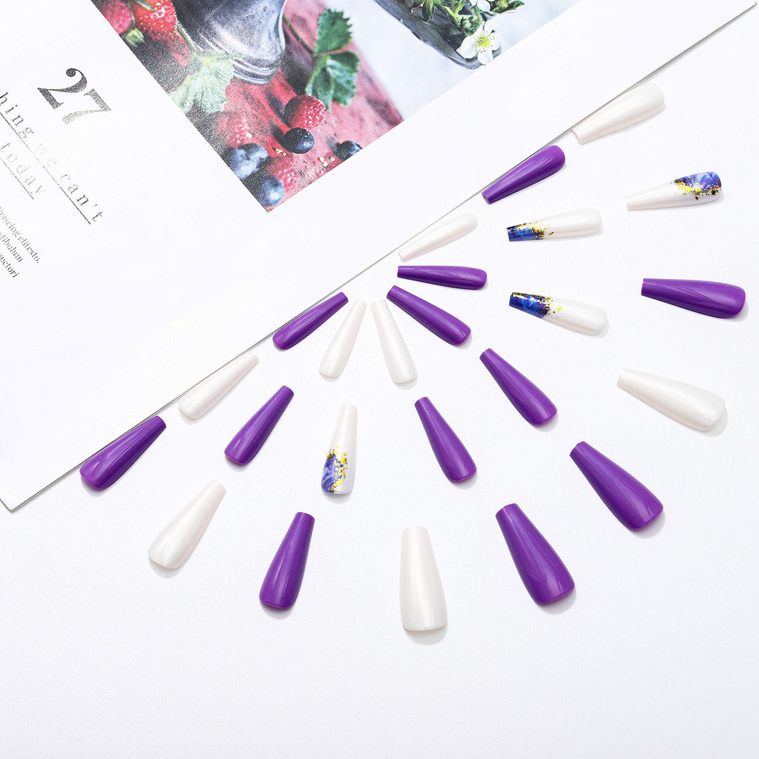 Glossy Extra Long Press on Nails Rainbow Square Coffin Fake Nails Watercolor Geometric Art Acrylic False Nails Tips for Women and Girls (Purple)