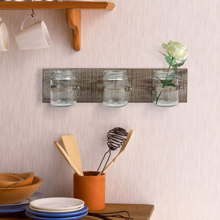 Rustic Industrial White Wash Wood Hanging Wall Decor with 3 Glass Jar Containers, Clear