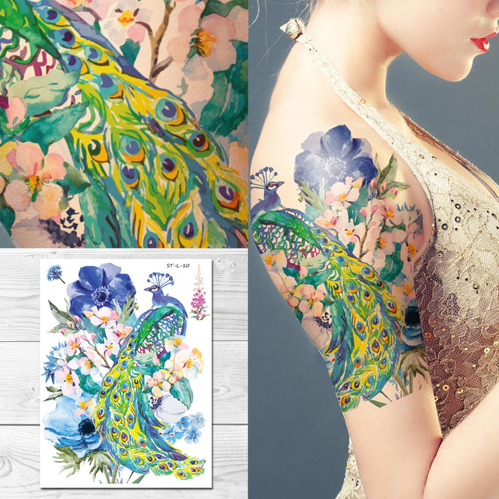Temporary Tattoos - Watercolor Dream of peacock &amp; Blue Flowers