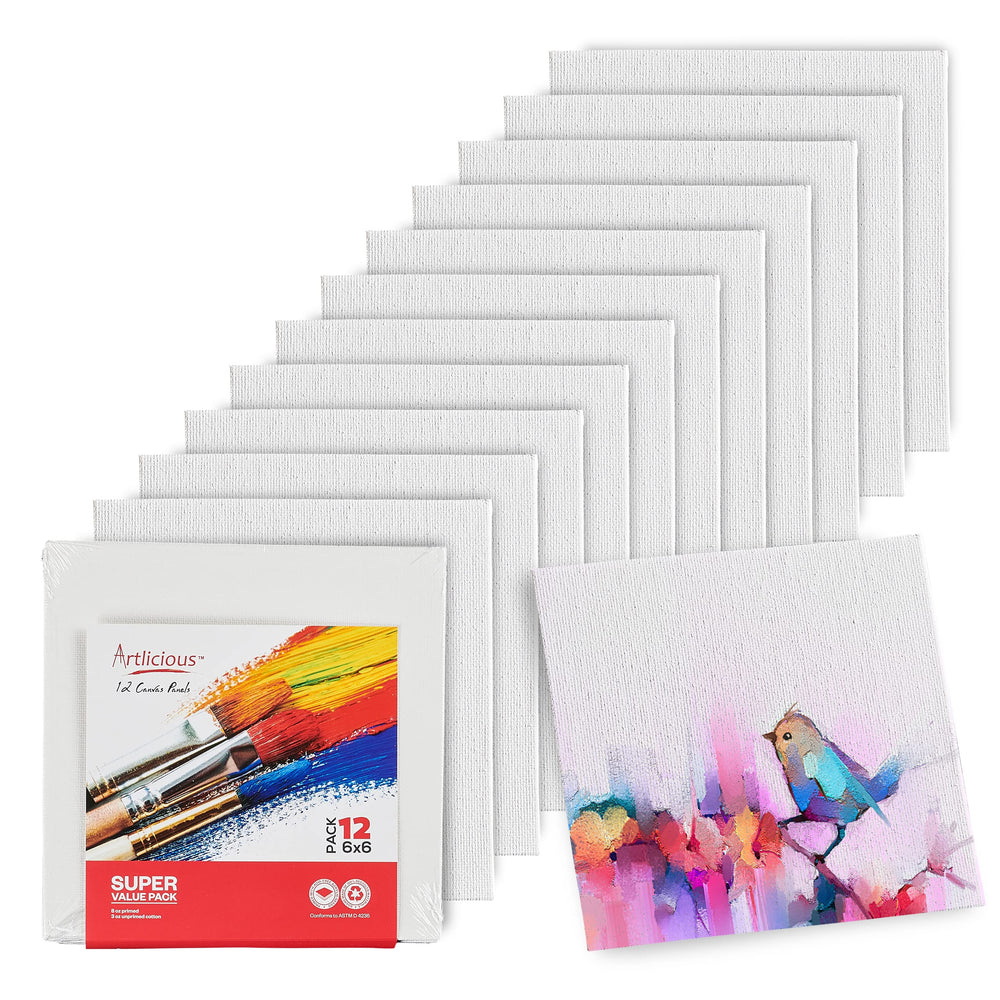 Canvases for Painting - Pack of 12, 6 x 6 Inch Blank White Canvas Boards - 100% Cotton Art Panels for Oil, Acrylic & Watercolor Paint