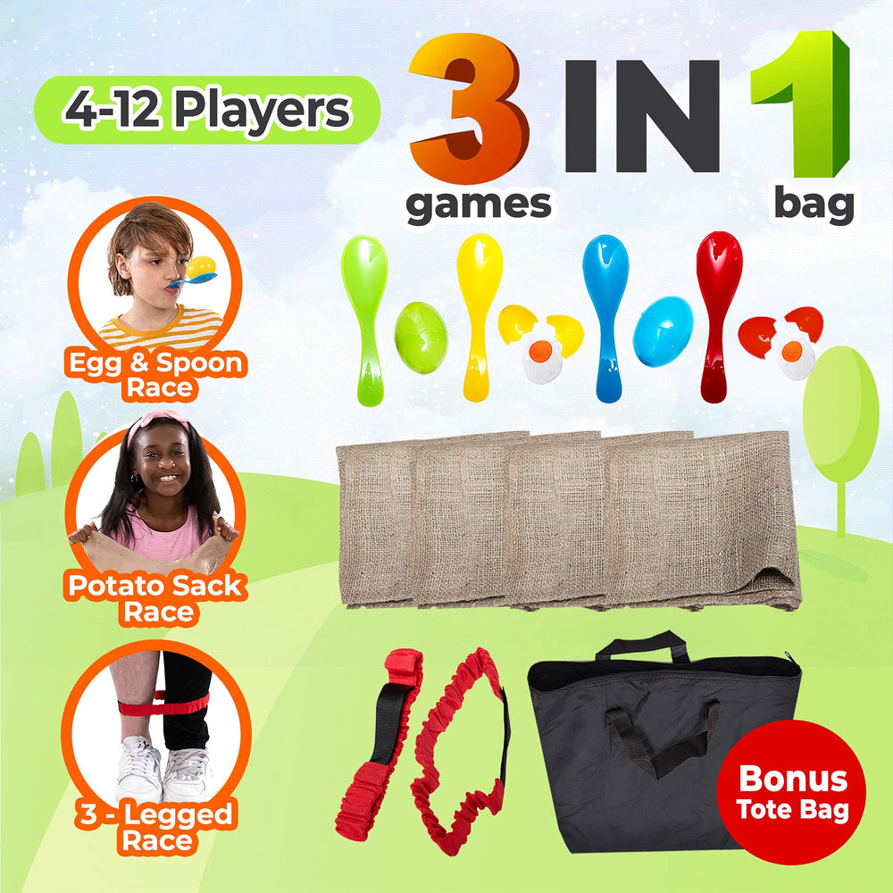 4 Player Outdoor Field Day Games, Relay Race Games, Potato Sack Race Bags, 3 Legged Race, Egg & Spoon Race, with Storage Bag - BBQ, Easter Games, Birthday Party Games