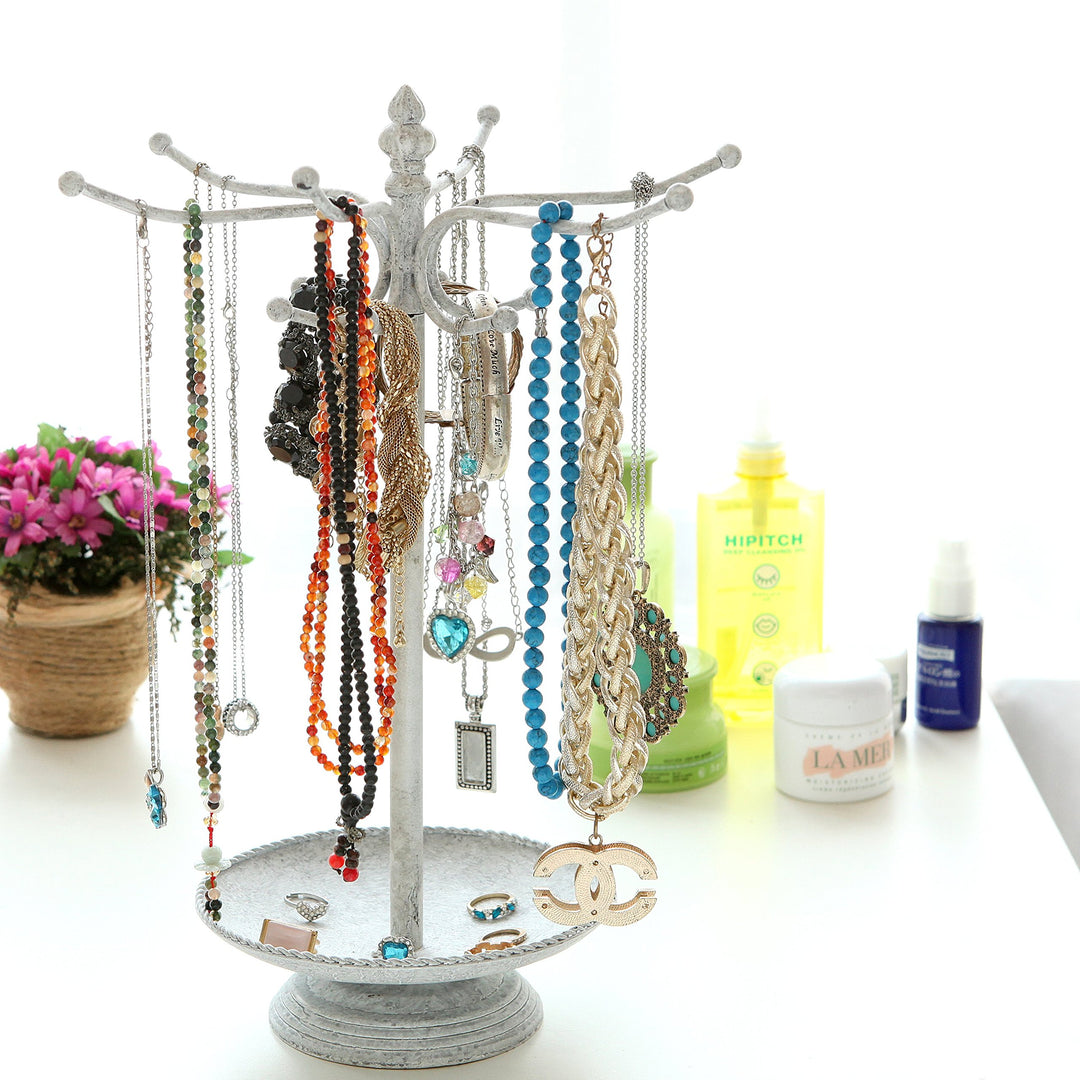 Vintage White Metal Necklace and Bracelet Organizer Jewelry Stand with 12 Hooks and Ring Dish Tray, Multipurpose Accessory and Keychain Holder Display Rack