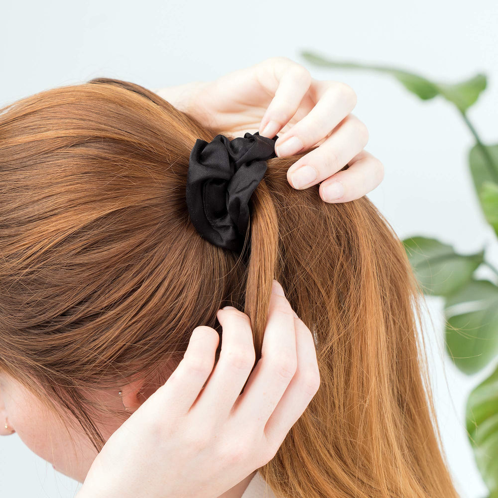 2 Pack Large Scrunchies for Hair - 100% Pure Silk Elastic Band Scrunchie Ponytail Holder Set for Women, Girls with All Hair Types - Black