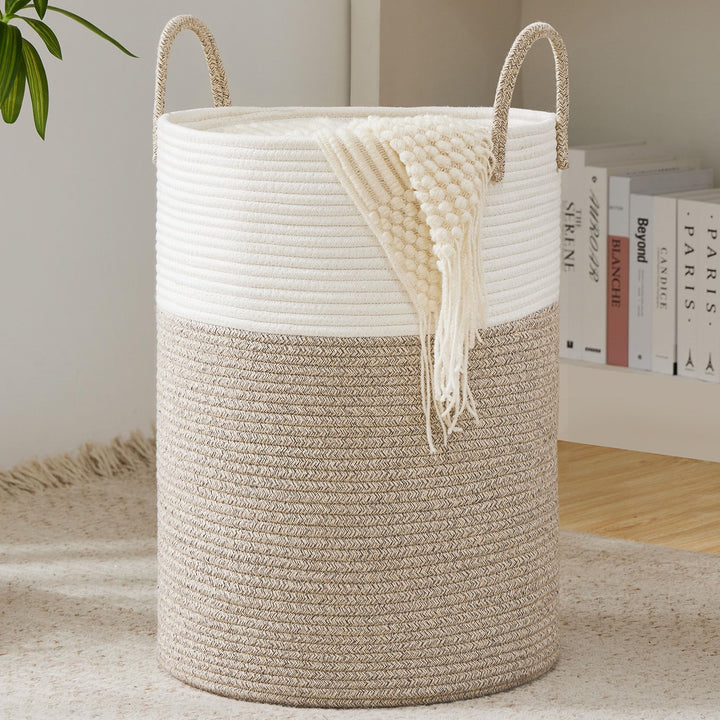 Cotton Rope Laundry Hamper , 58L - Woven Collapsible Laundry Basket - Clothes Storage Basket for Blankets, Laundry Room Organizing, Bedroom Storage, Clothes Hamper – Brown