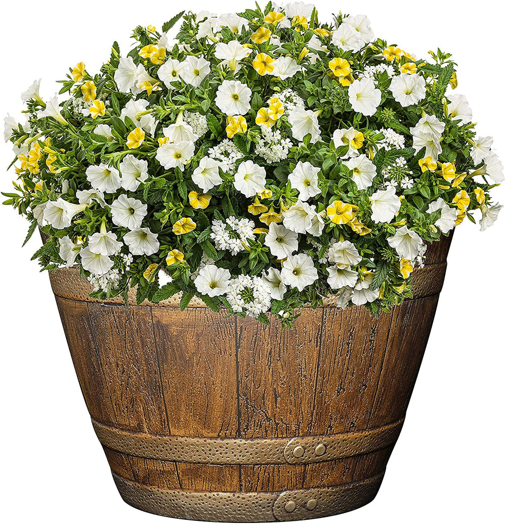 Whiskey Plastic Resin Flower Pot Barrel Planter, Oak Brown, 15