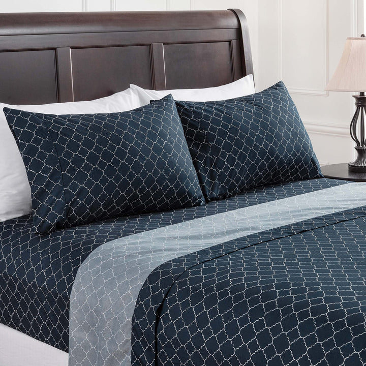 Premium Quatrefoil Print Geometric Patterned King Size Bed Sheet Set 4-Piece - 1 Flat Sheet 1 Fitted Sheet 2 Pillowcases - Ultra Soft Luxurious Microfiber Sheets - Navy Blue