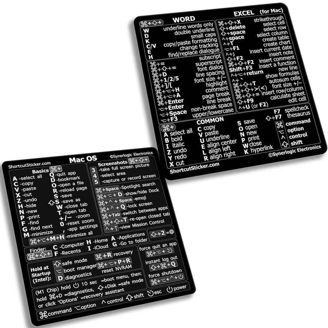 (1 Set) Mac OS + Word &amp; Excel Shortcuts Cheat Sheet Sticker Bundle | Quick Reference Keyboard Shortcut Stickers | Word Excel Shortcuts Sticker MacBook (Black)