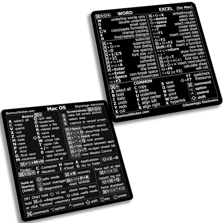 (1 Set) Mac OS + Word &amp; Excel Shortcuts Cheat Sheet Sticker Bundle | Quick Reference Keyboard Shortcut Stickers | Word Excel Shortcuts Sticker MacBook (Black)