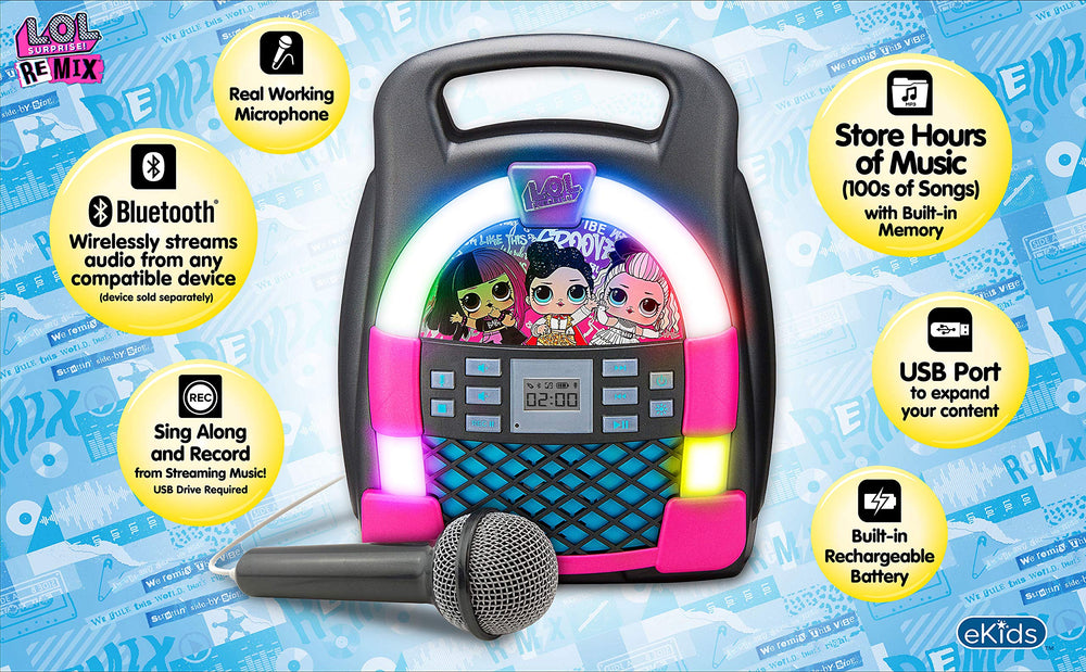 LOL Surprise! Remix OMG Bluetooth Karaoke Machine MP3 Player Portable with LED Disco Light Show, Store Hours of Music with Built in Memory, Record, Real Working Microphone, USB Port