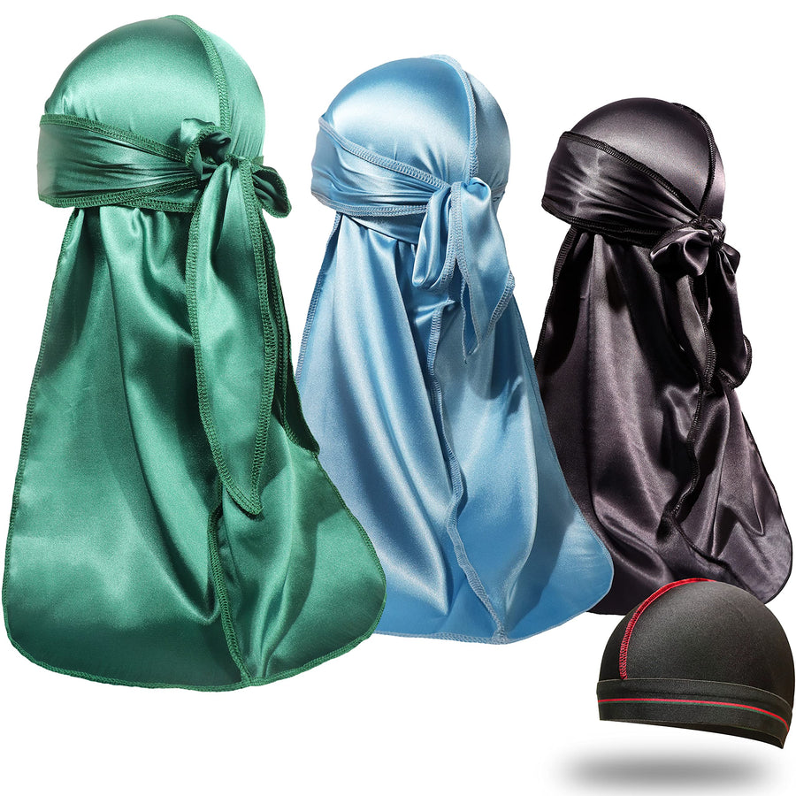 3 Pieces Silky Durags and 1 Wave Cap Pack for Men Waves, Moisture-Tech Fabric Satin Du-Rag