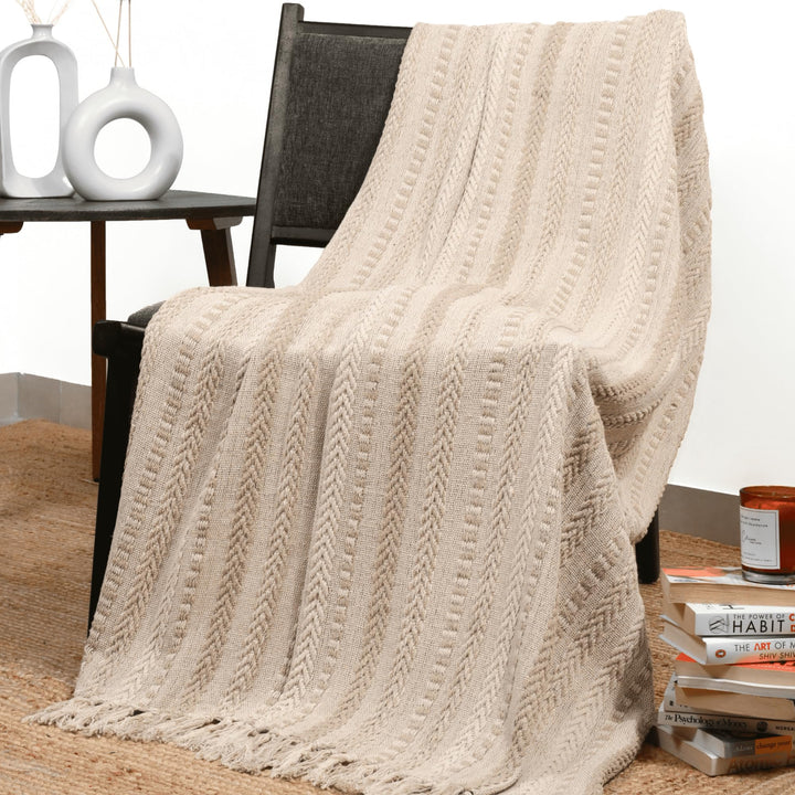 Farmhouse Throw Blanket Boho Living Room Decor Brown Cotton Stripe Cozy Bed Blankets with Fringe Soft and Luxury for Couch 50 x 60 Inches Warm Sand