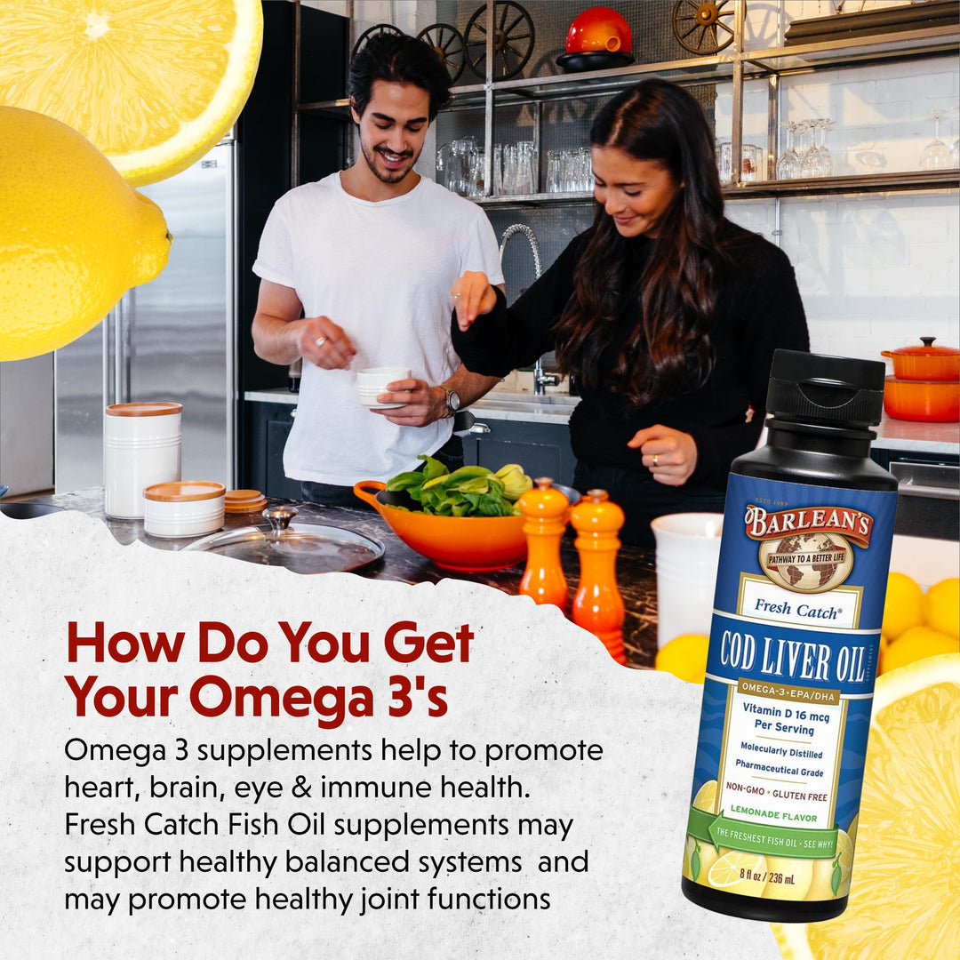 Barlean&#39;s Cod Liver Oil Liquid Supplement, Omega 3 Fish Oil with 900mg EPA and DHA Plus Vitamin D, Supplements for Joint, Brain, and Heart Health Support, Lemonade Flavor, 8 oz
