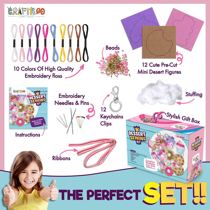 12 Pre-Cut Mini Treats Dessert Fun Kids Sewing Kit for Kids Ages 8-12 Children Beginners Sewing kit kid crafts Make Your Own Felt Pillow Plush Craft Kit Girls and Boys Art Craft Kits Learn to Sew Kit
