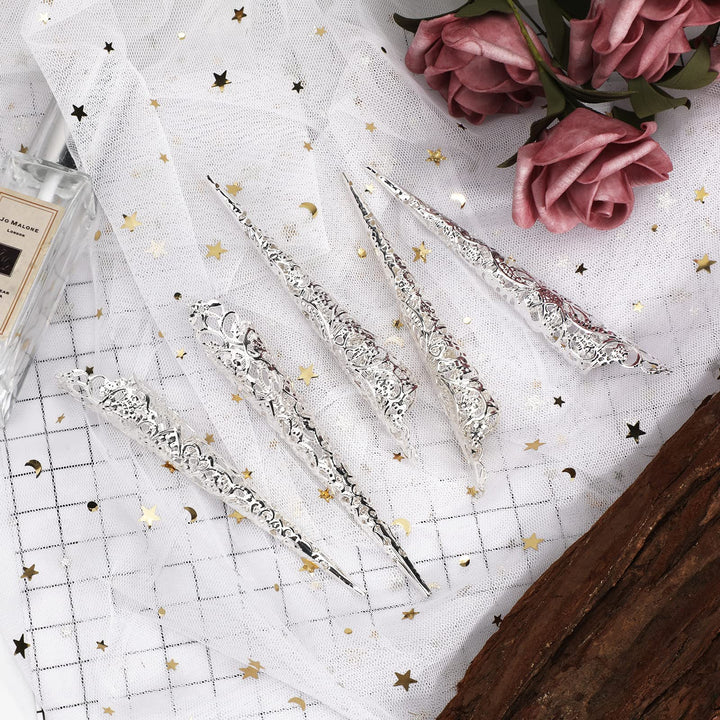 Mwoot 10 Pack Finger Nail Tip Claw Rings, Ancient Queen Costume Fingernail Claw Nail Rings Set, Knuckle Protectors Fingertip Claw for Halloween Cosplay Drama Belly Dance Show - Silver
