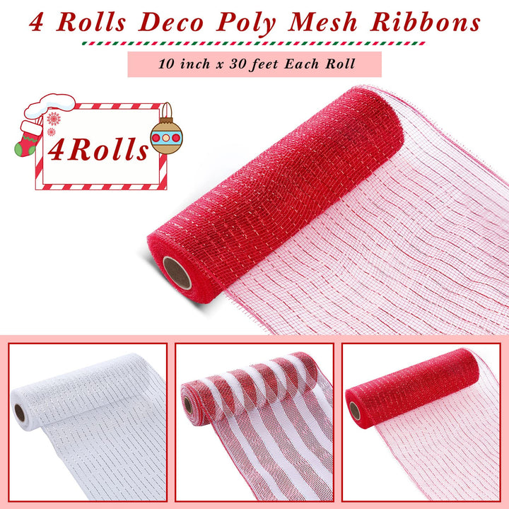 4 Rolls Mesh Ribbon, Metallic Foil Mesh Ribbon Metallic Mesh Ribbon for Door Wreath DIY Crafts Making Supplies (Red White,10 Inch)