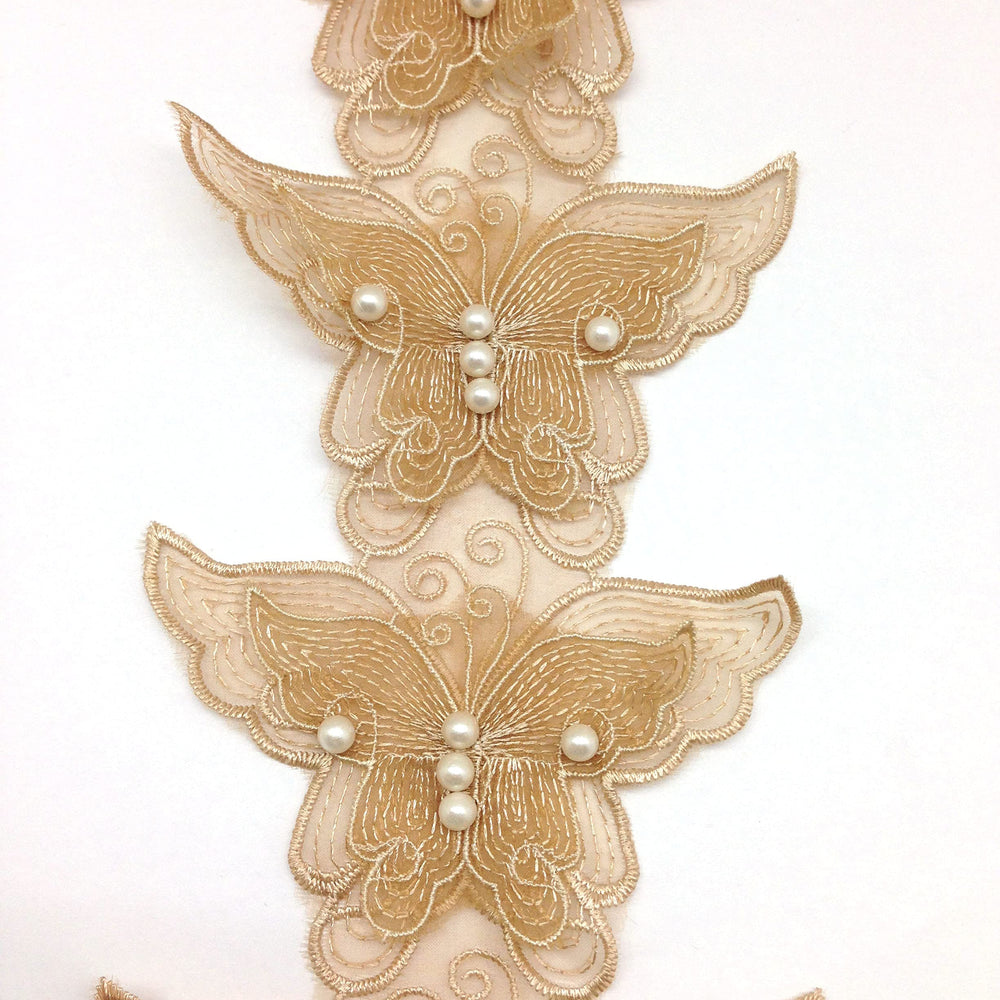 10PC Gold Pearl Chiffon Butterfly Flower Embroidered Lace Edge Trim Ribbon, 11cm x 7.5cm