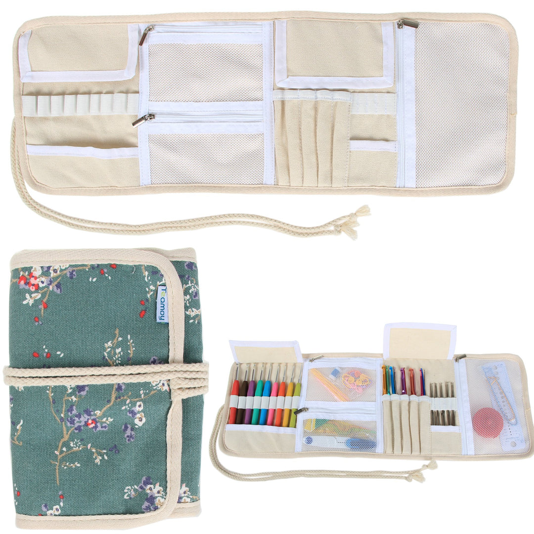 Crochet Hook Case, Roll Bag Holder Organizer for Various Crochet Needles and Knitting Accessories, Plum Flowers