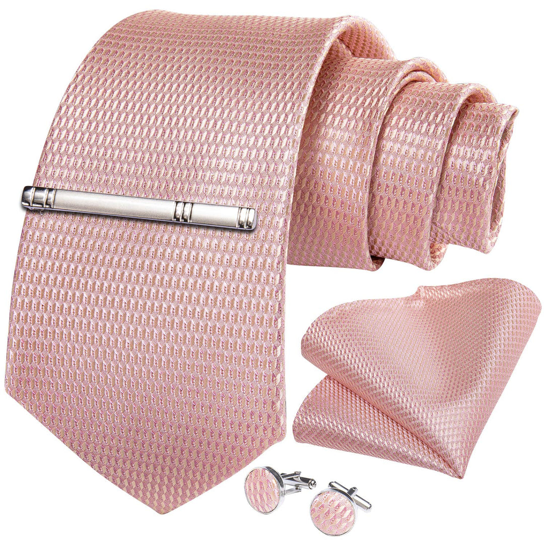 Plaid Ties for Men Silk Checkered Necktie and Pocket Square Cufflinks Tie Clip Set with Gift Box for Wedding Business, Rose Gold