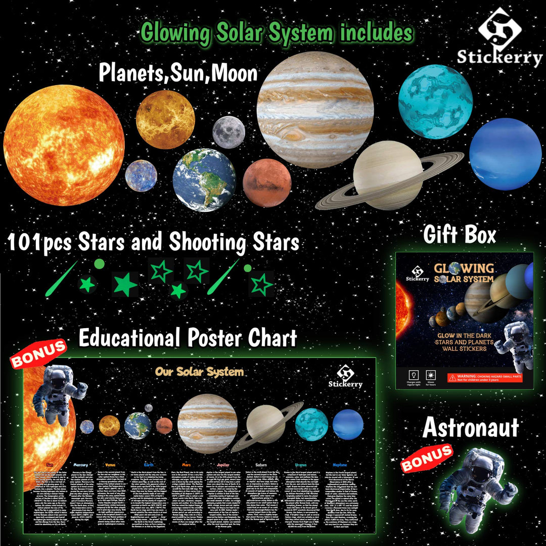 Glow in The Dark Stars and Planets for Ceiling, Bright Solar System Wall Stickers for Kids + Educational Solar System Poster, Planets for Kids Space Decoration, Birthday Gift for Boys and Girls